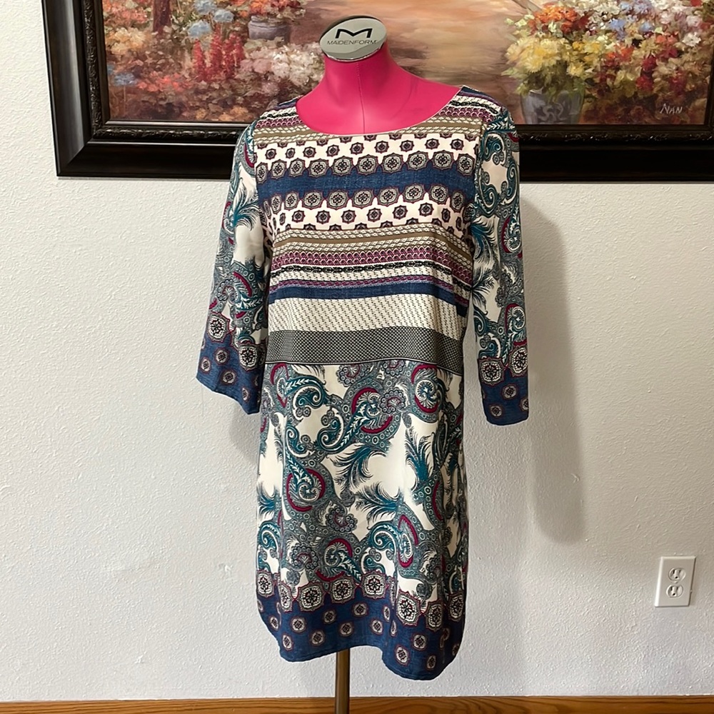 Teenplo Tunic Shift Swing Dress MADE IN USA 3/4 Sleeve Paisley Blue Cream Pink